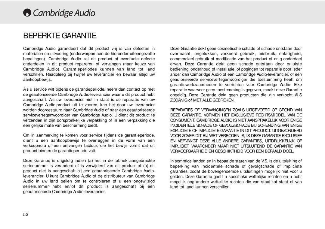 Cambridge Audio 640C user manual Beperkte Garantie 