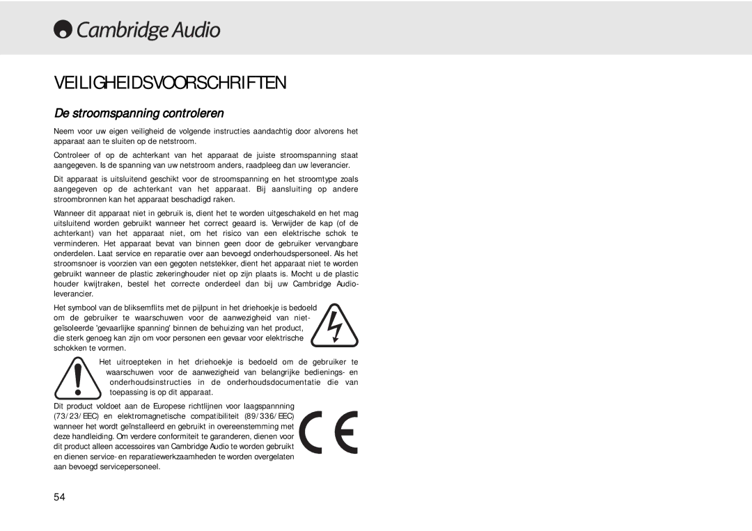 Cambridge Audio 640C user manual Veiligheidsvoorschriften, De stroomspanning controleren 