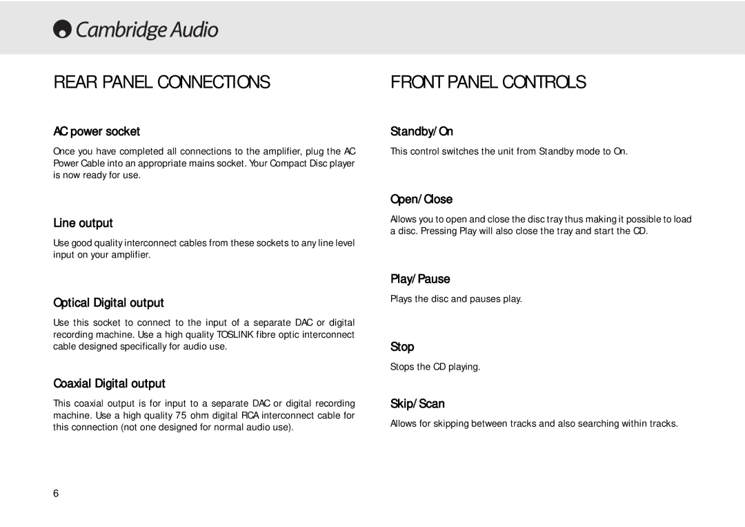 Cambridge Audio 640C user manual Rear Panel Connections, Front Panel Controls 