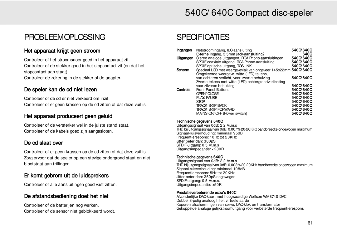 Cambridge Audio 640C user manual Probleemoplossing, Specificaties 