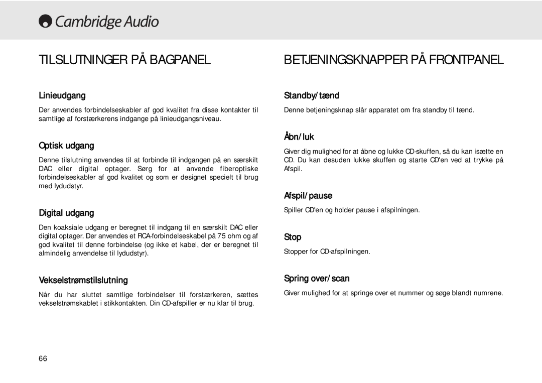 Cambridge Audio 640C user manual Tilslutninger PÅ Bagpanel, Betjeningsknapper PÅ Frontpanel 