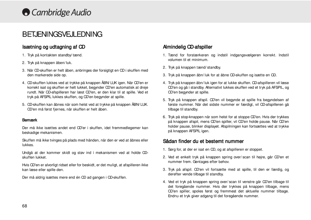 Cambridge Audio 640C user manual Betjeningsvejledning, Isætning og udtagning af CD, Almindelig CD-afspiller 