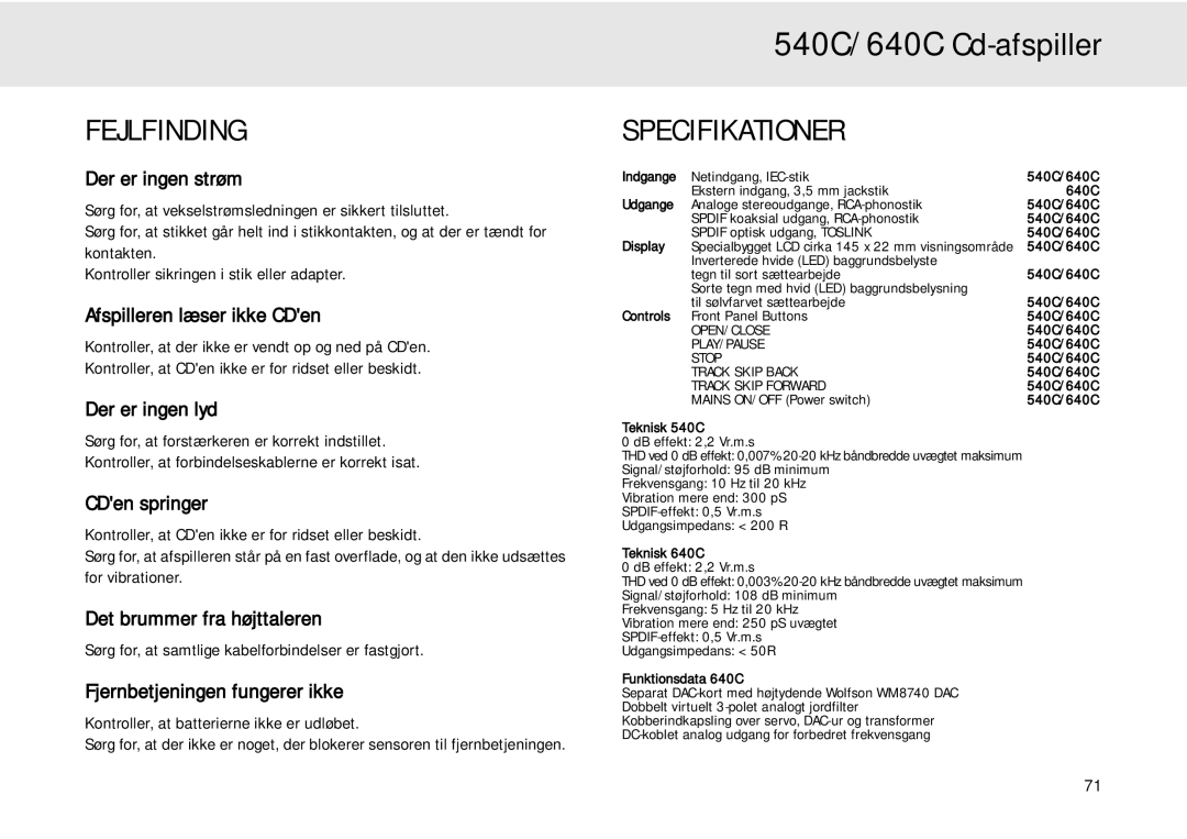 Cambridge Audio 640C user manual Fejlfinding, Specifikationer 