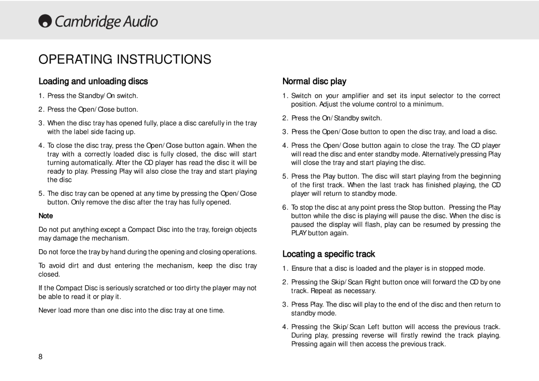 Cambridge Audio 640C Operating Instructions, Loading and unloading discs, Normal disc play, Locating a specific track 