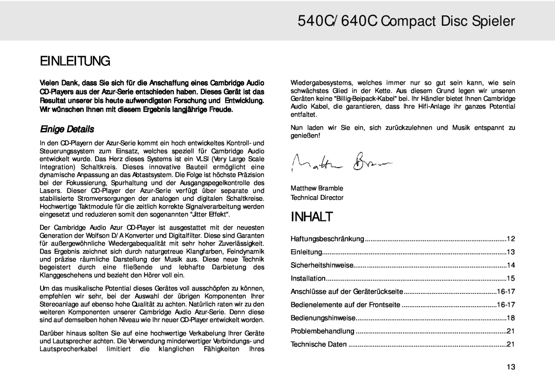 Cambridge Audio user manual 540C/640C Compact Disc Spieler, Einleitung, Inhalt, Einige Details 