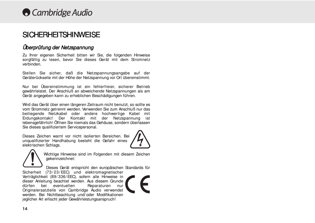 Cambridge Audio 640C user manual Sicherheitshinweise, Überprüfung der Netzspannung 