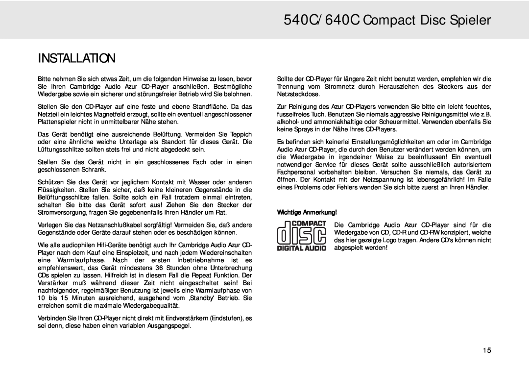 Cambridge Audio user manual 540C/640C Compact Disc Spieler, Installation, Wichtige Anmerkung 