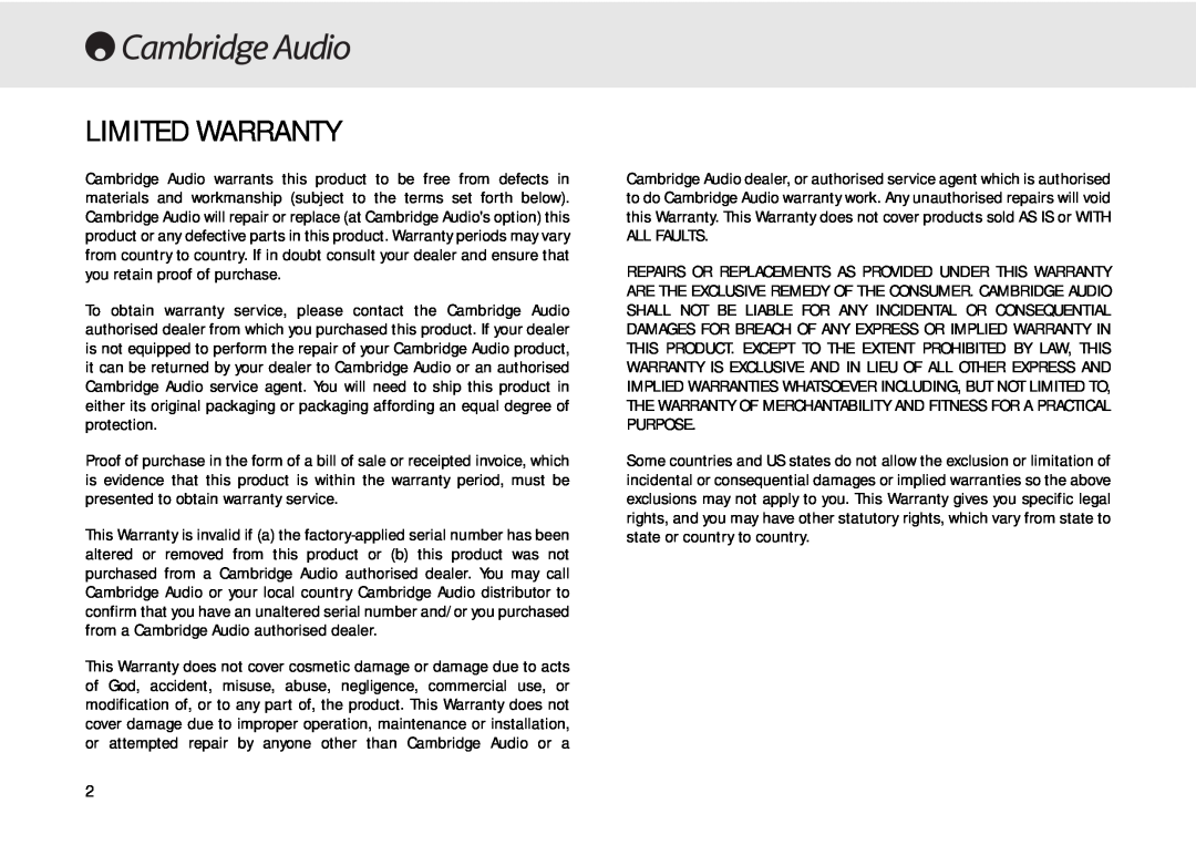 Cambridge Audio 640C user manual Limited Warranty 