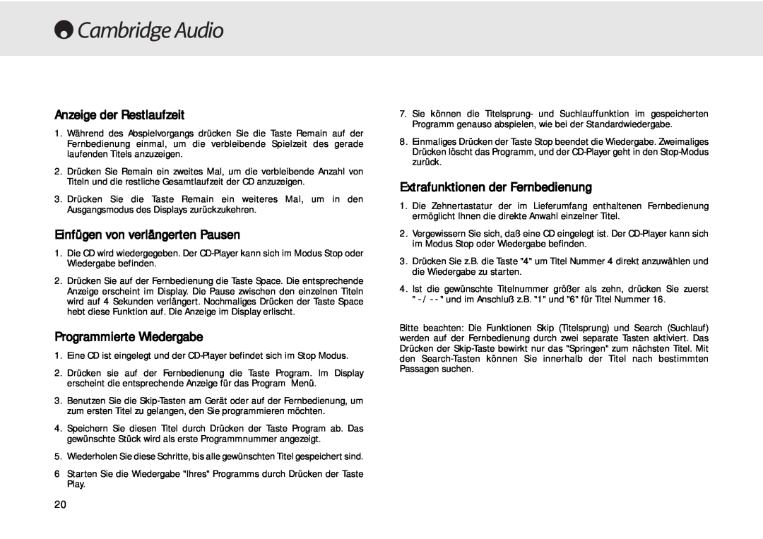 Cambridge Audio 640C user manual Anzeige der Restlaufzeit, Einfügen von verlängerten Pausen, Programmierte Wiedergabe 