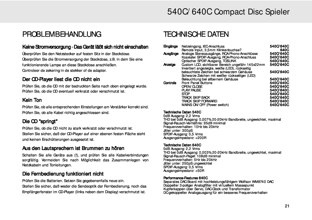 Cambridge Audio Problembehandlung, Technische Daten, 540C/640C Compact Disc Spieler, Kein Ton, Die CD springt 
