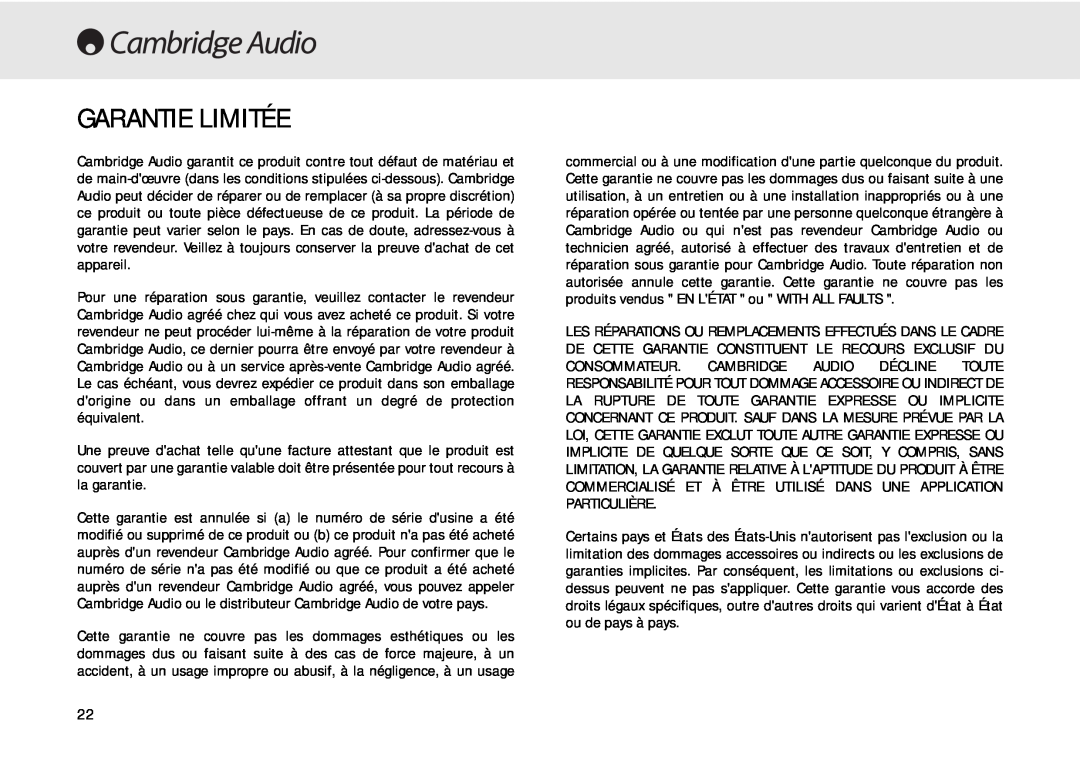 Cambridge Audio 640C user manual Garantie Limitée 