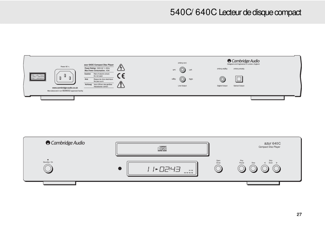 Cambridge Audio 540C/640C Lecteur de disque compact, azur 640C, Compact Disc Player, Standby / On, Open, Skip, Close 