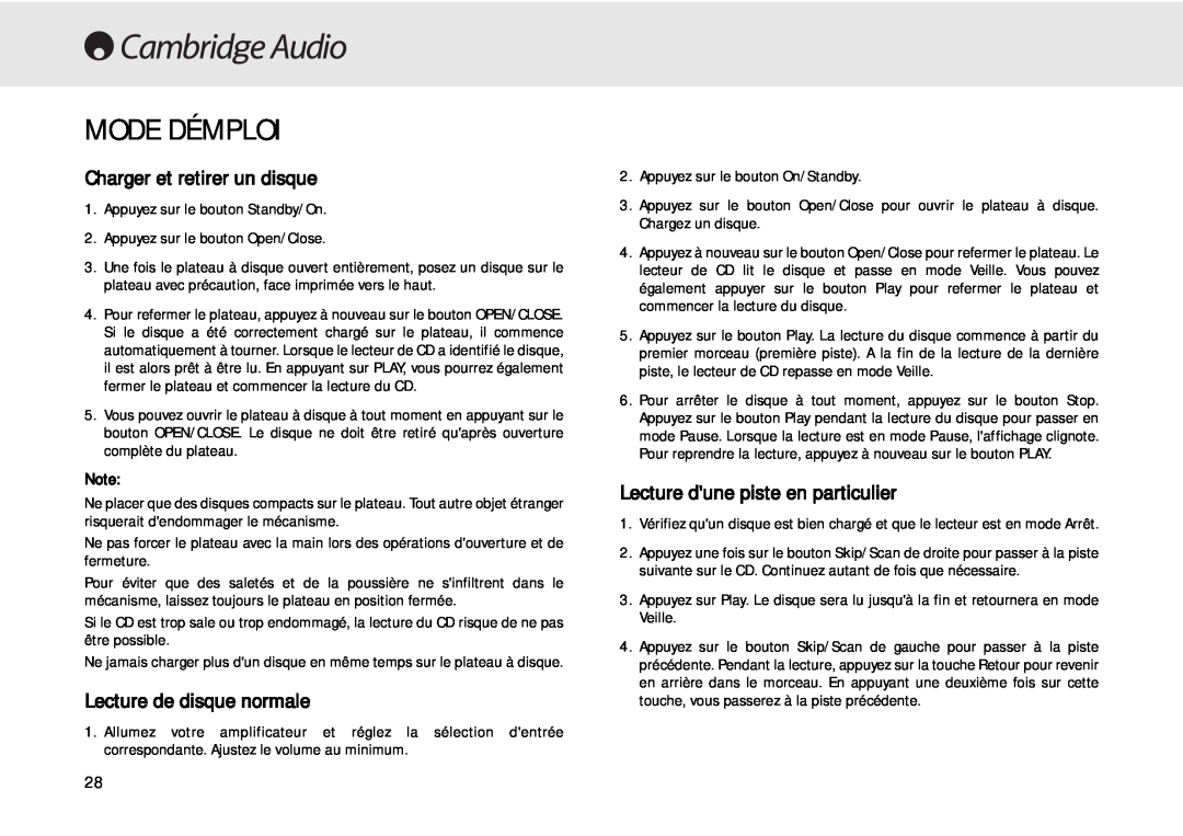 Cambridge Audio 640C user manual Mode Démploi, Charger et retirer un disque, Lecture de disque normale 
