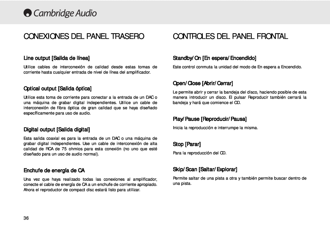 Cambridge Audio 640C Conexiones Del Panel Trasero, Controles Del Panel Frontal, Line output Salida de línea, Stop Parar 