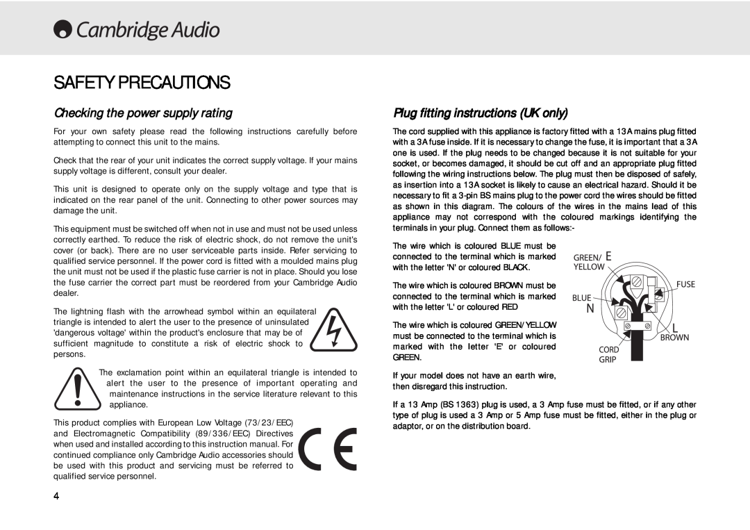 Cambridge Audio 640C user manual Safety Precautions, Checking the power supply rating, Plug fitting instructions UK only 