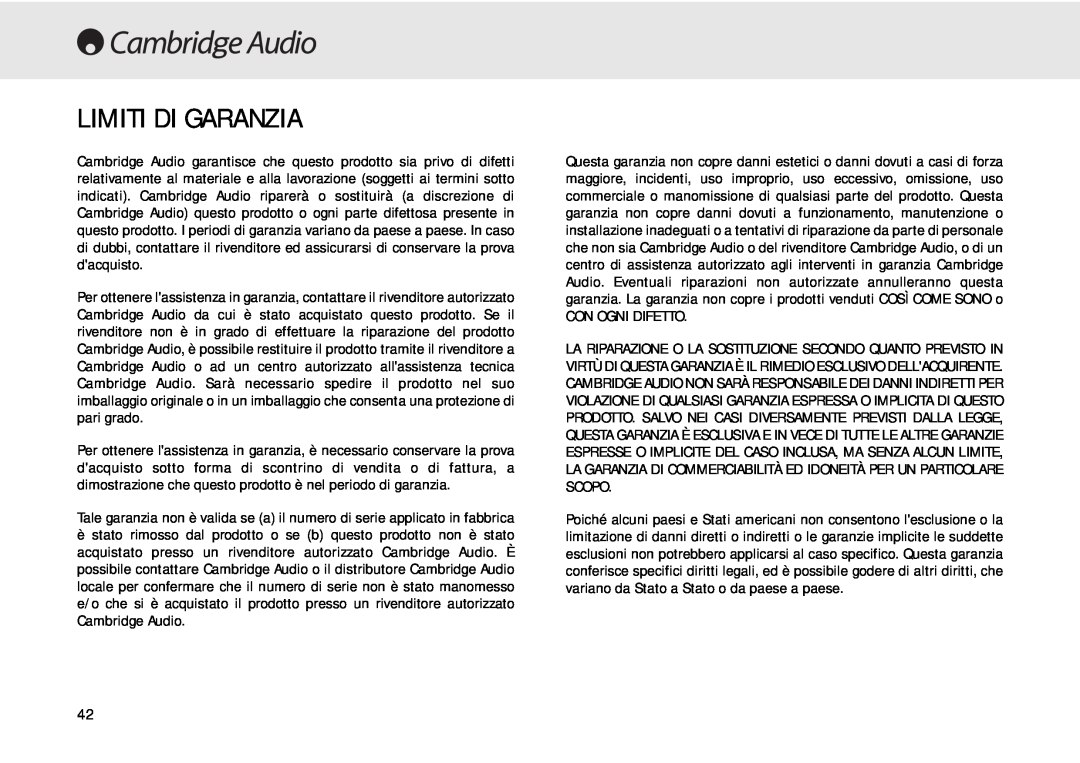 Cambridge Audio 640C user manual Limiti Di Garanzia 