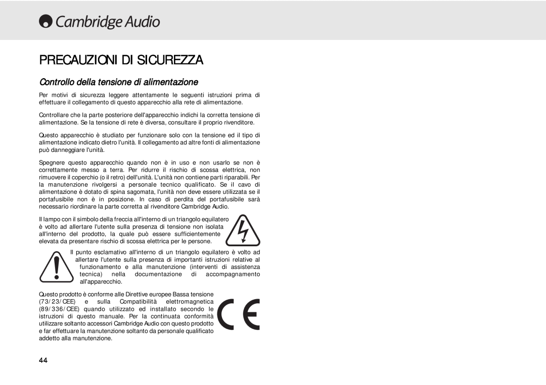 Cambridge Audio 640C user manual Precauzioni Di Sicurezza, Controllo della tensione di alimentazione 