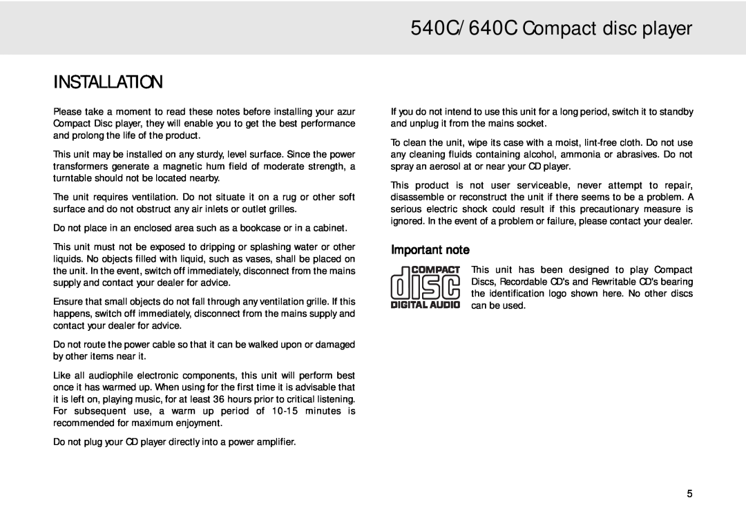 Cambridge Audio user manual Installation, 540C/640C Compact disc player, Important note 