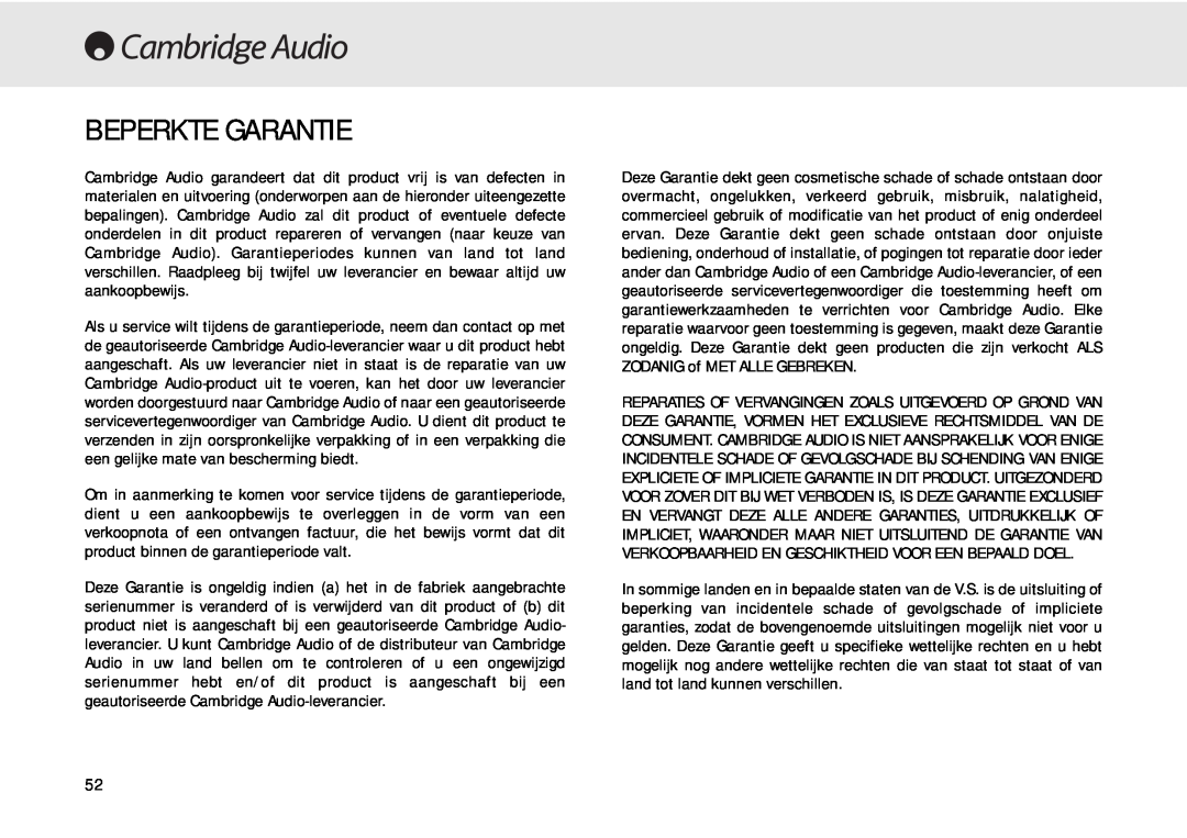 Cambridge Audio 640C user manual Beperkte Garantie 