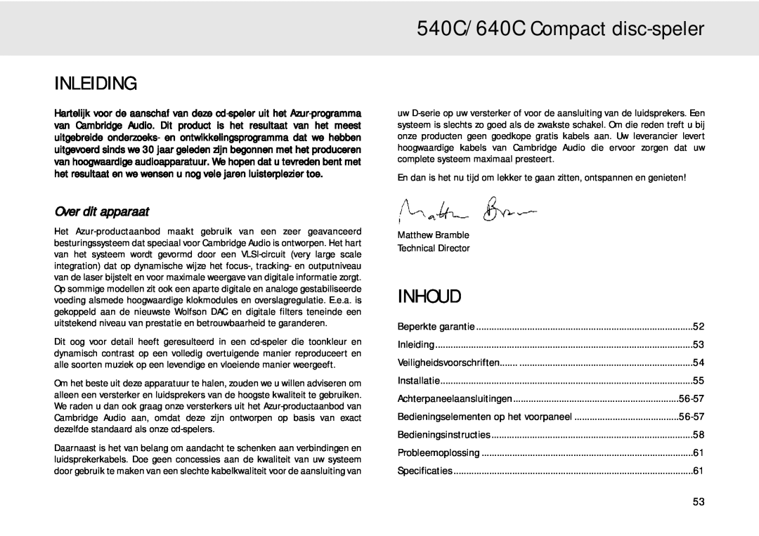 Cambridge Audio user manual 540C/640C Compact disc-speler, Inleiding, Inhoud, Over dit apparaat 