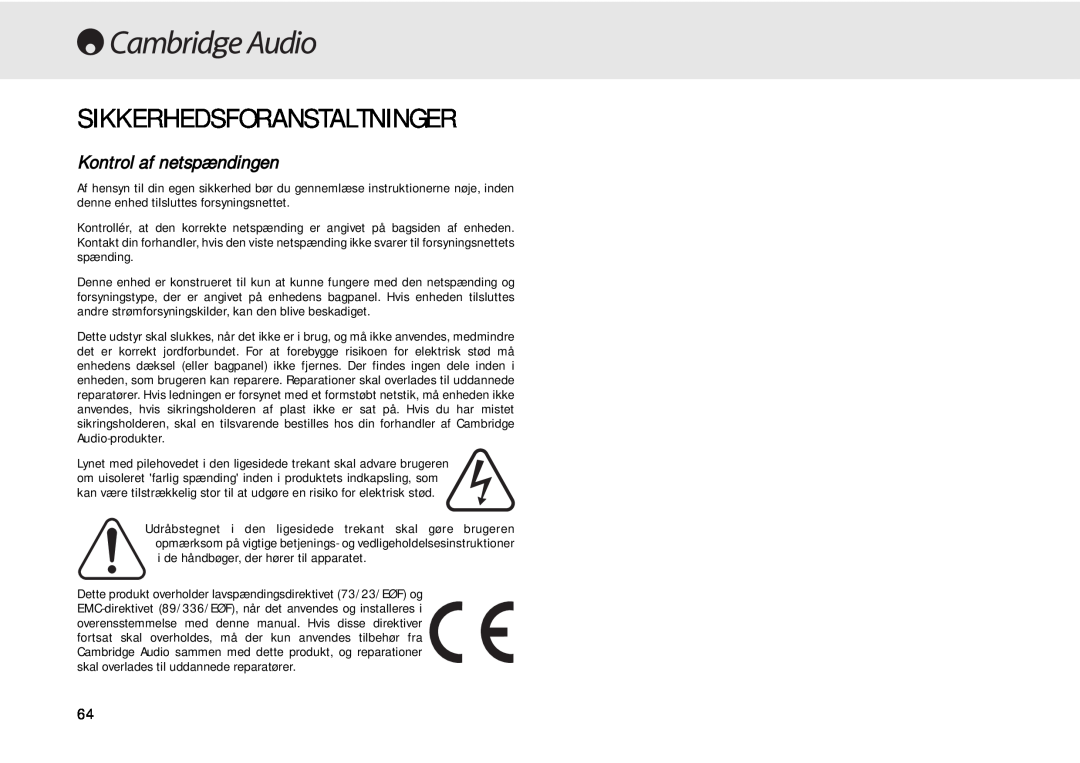 Cambridge Audio 640C user manual Sikkerhedsforanstaltninger, Kontrol af netspændingen 