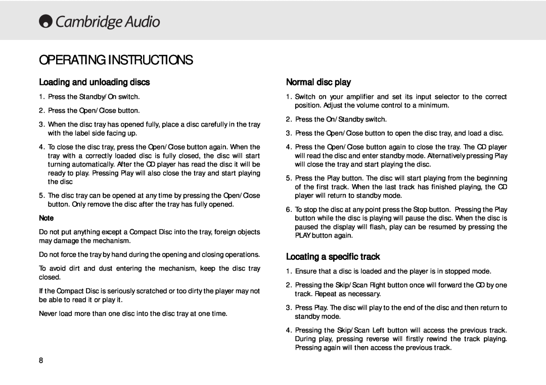 Cambridge Audio 640C Operating Instructions, Loading and unloading discs, Normal disc play, Locating a specific track 