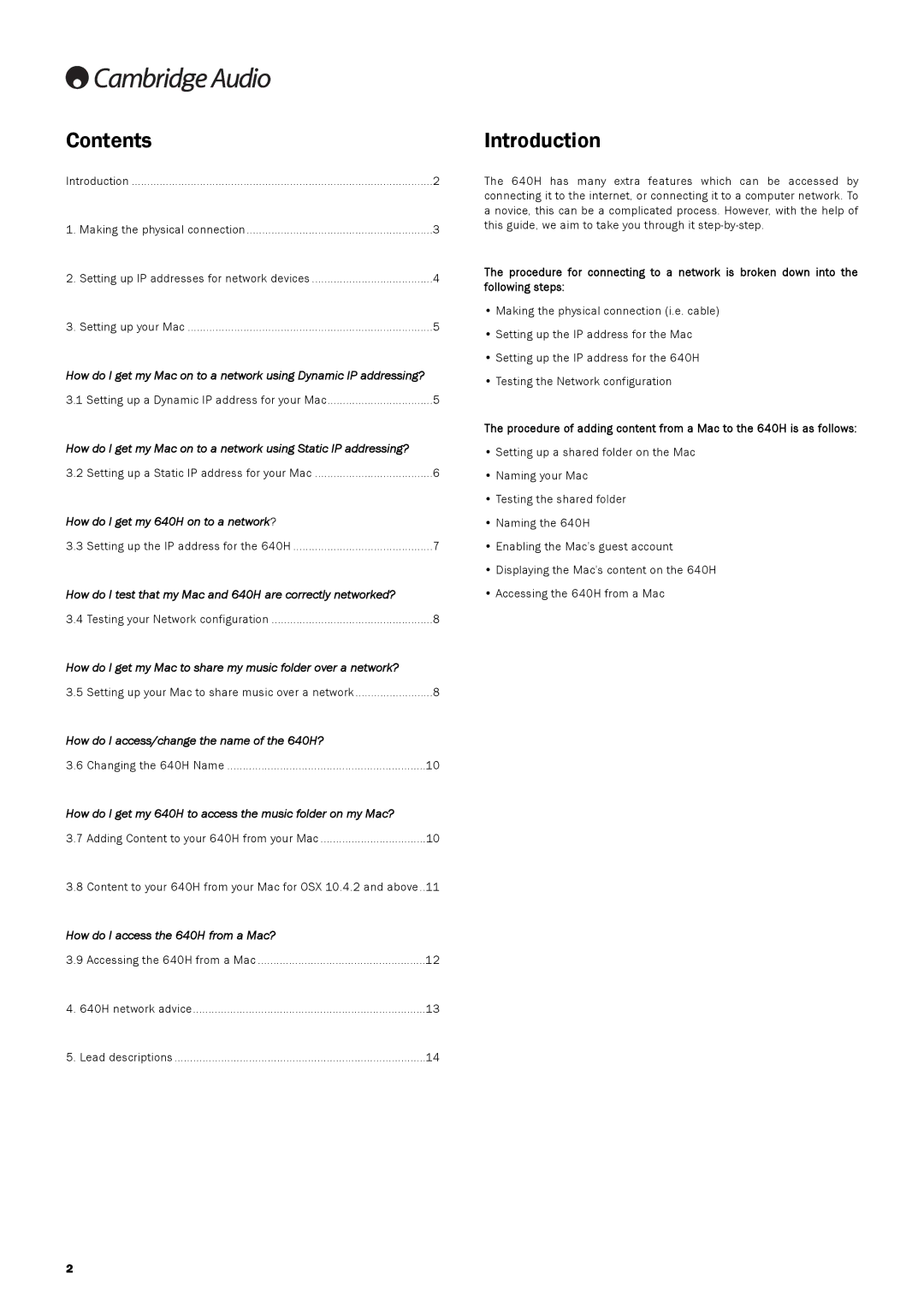 Cambridge Audio 640H manual Contents, Introduction 