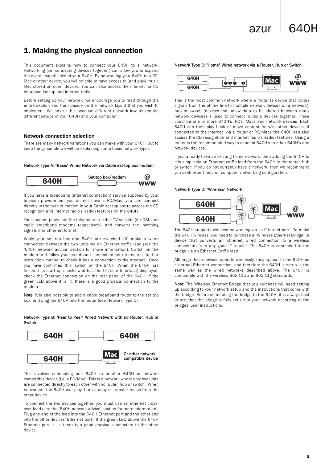 Cambridge Audio 640H manual Making the physical connection, Network connection selection, Set-top box/modem 