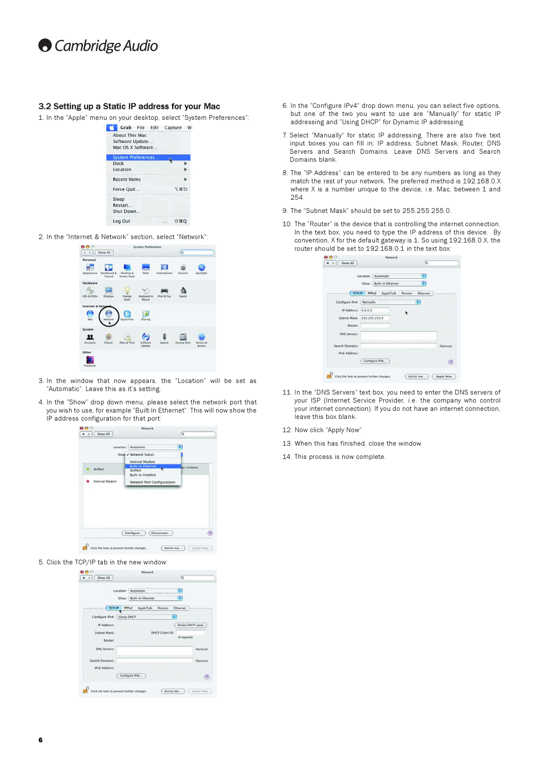 Cambridge Audio 640H manual Setting up a Static IP address for your Mac 