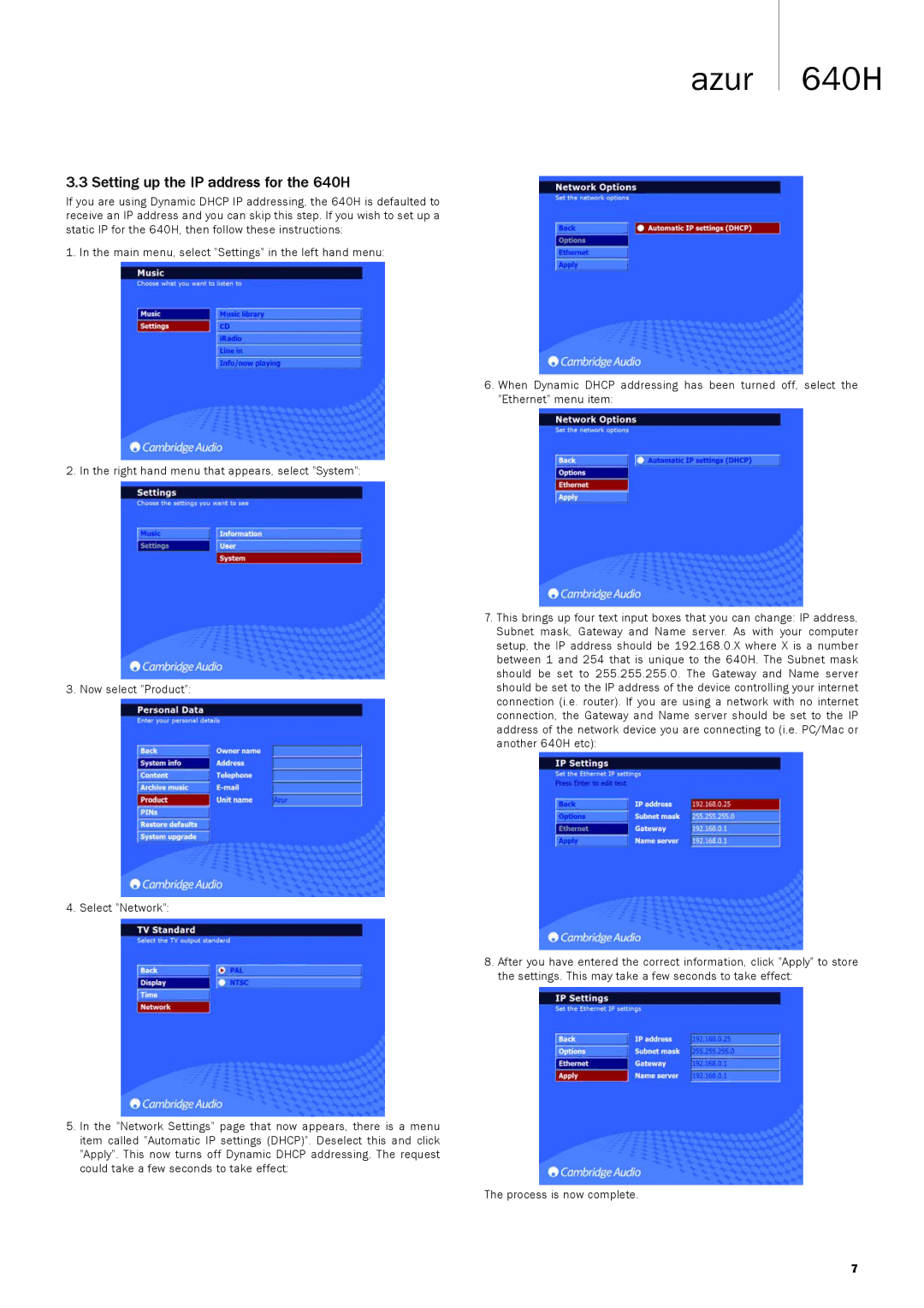 Cambridge Audio manual Setting up the IP address for the 640H 