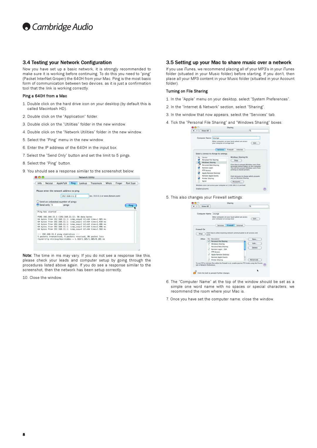 Cambridge Audio 640H manual Testing your Network Configuration, Setting up your Mac to share music over a network 