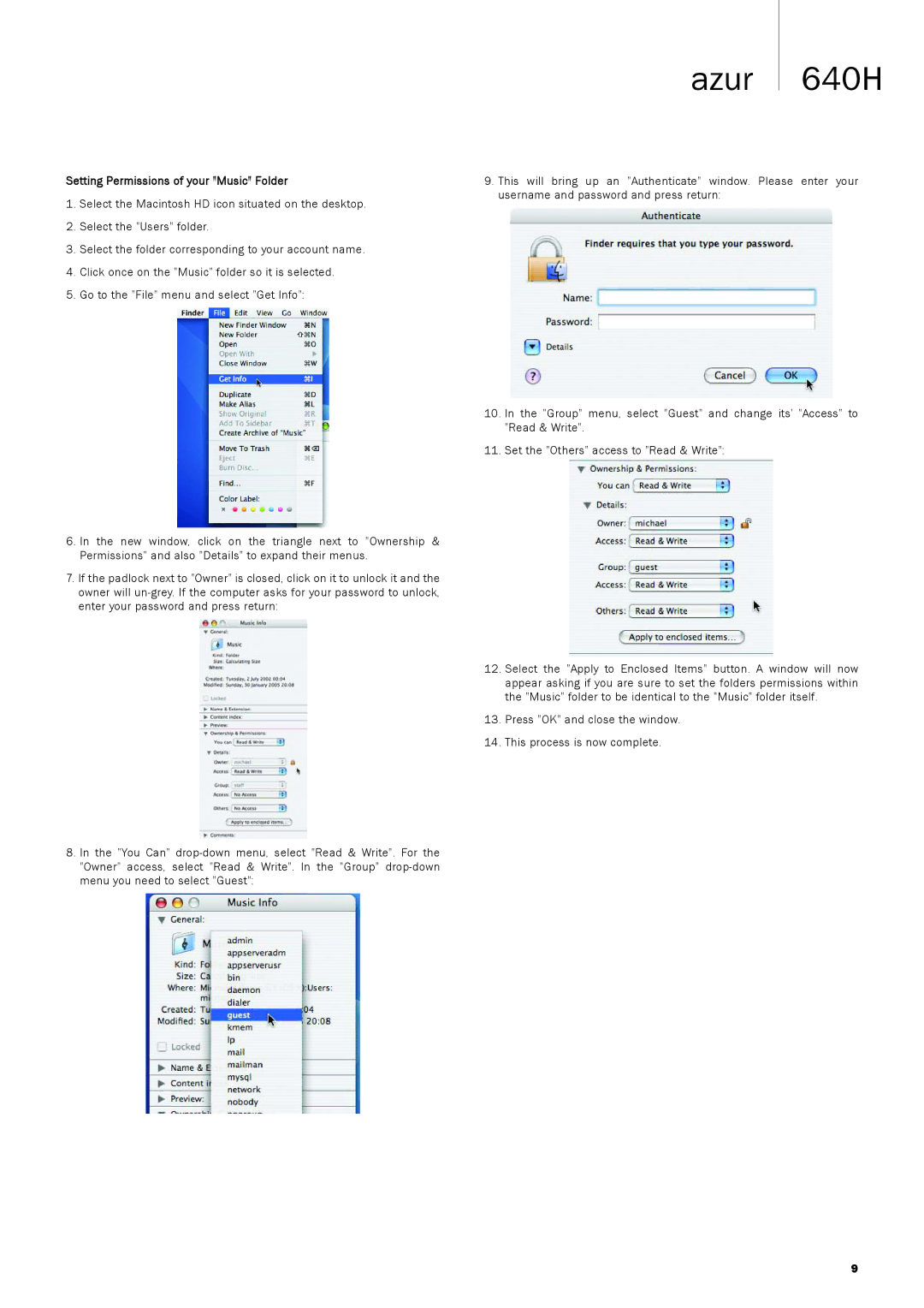 Cambridge Audio 640H manual Setting Permissions of your Music Folder 