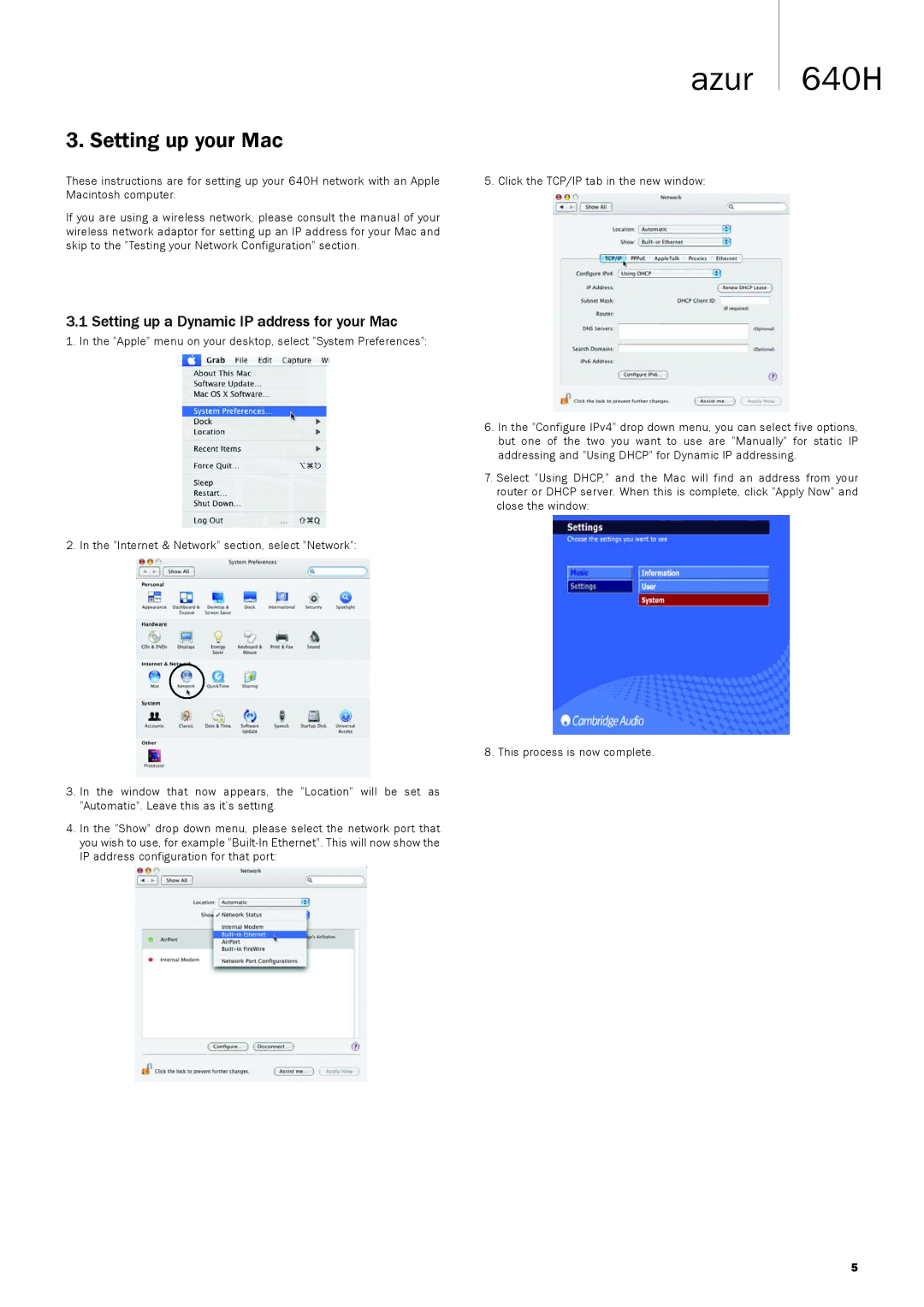 Cambridge Audio 640H manual Setting up your Mac, Setting up a Dynamic IP address for your Mac 