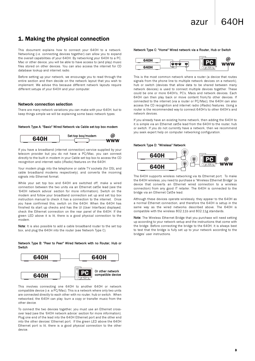 Cambridge Audio 640Hazur manual Making the physical connection, Network connection selection 