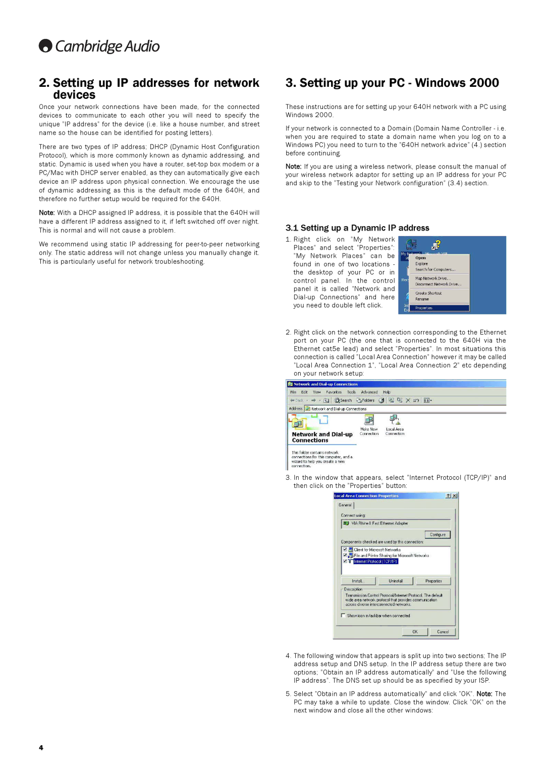 Cambridge Audio 640Hazur manual Setting up IP addresses for network devices, Setting up your PC Windows 