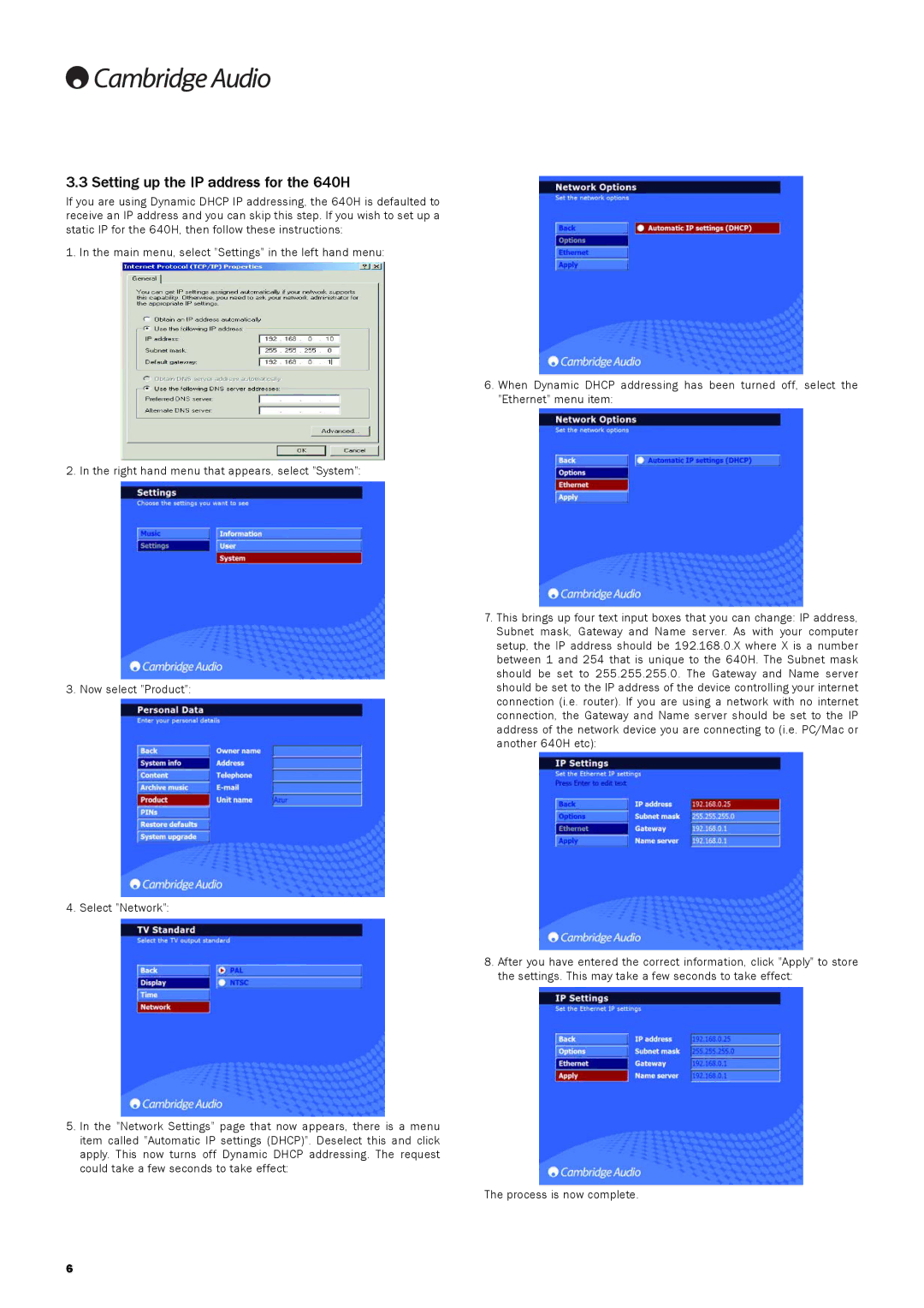 Cambridge Audio 640Hazur manual Setting up the IP address for the 640H 