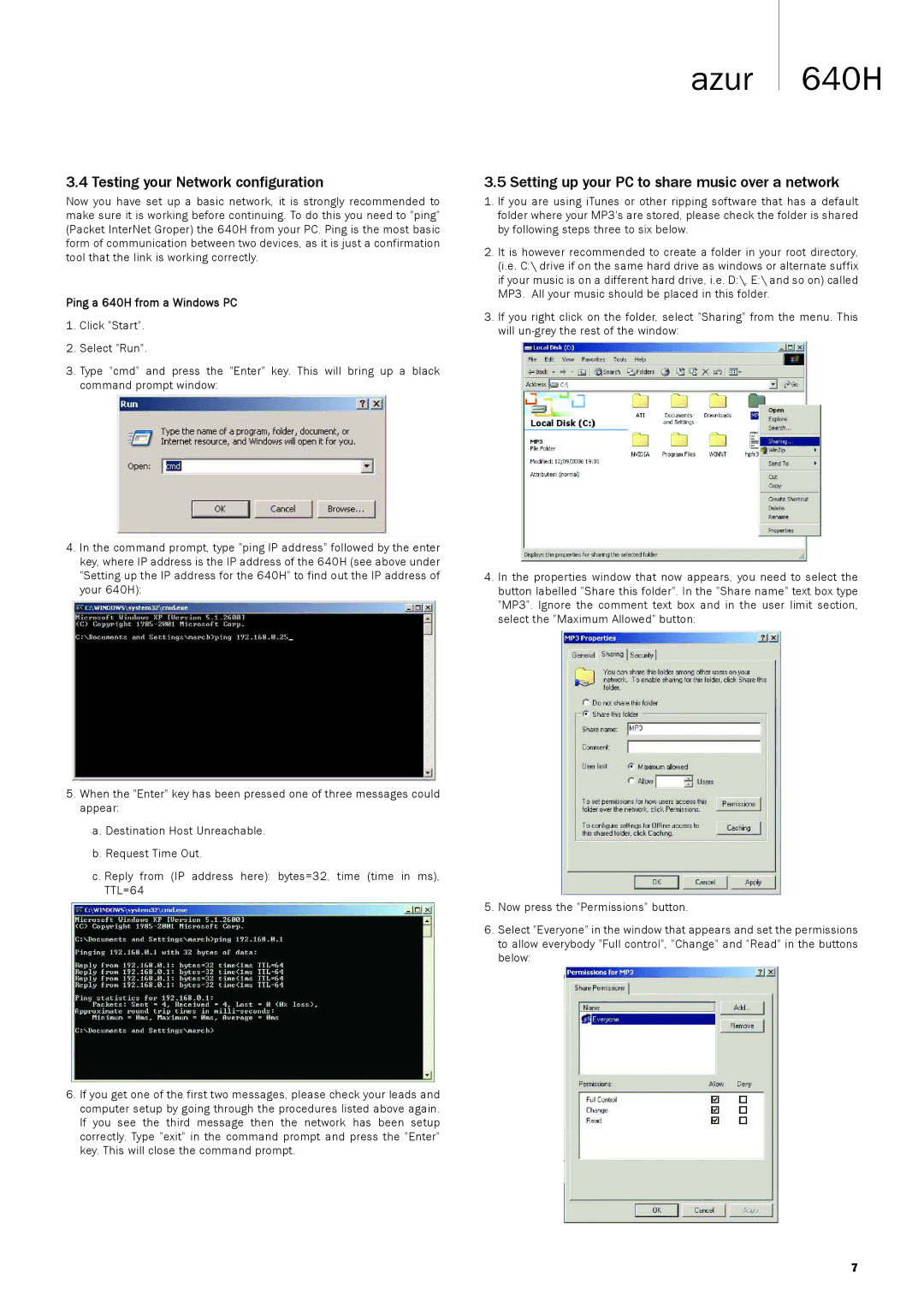 Cambridge Audio 640Hazur manual Testing your Network configuration, Setting up your PC to share music over a network 