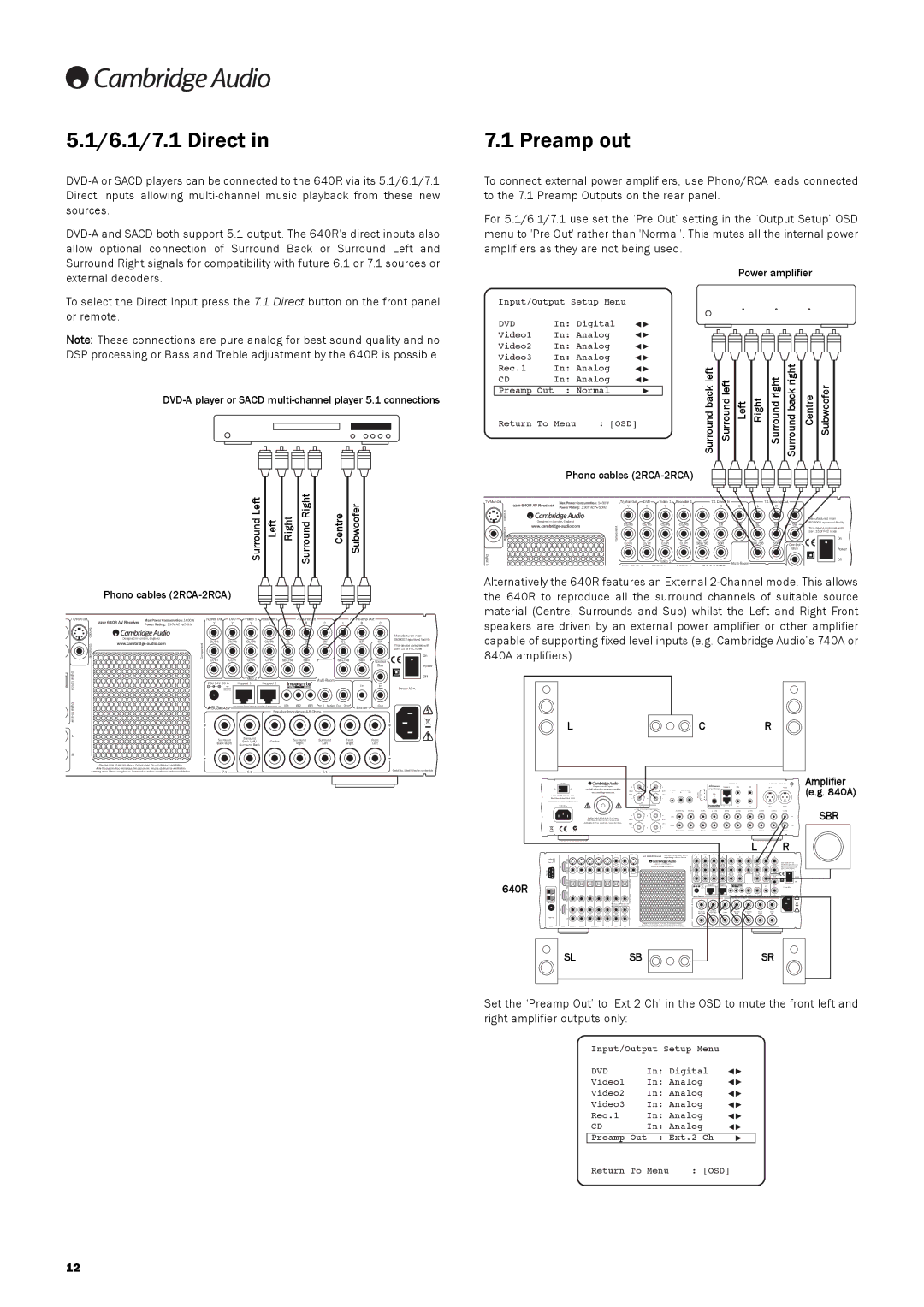 Cambridge Audio 640R user manual 6.1/7.1 Direct, Preamp out, Power amplifier, Amplifier 