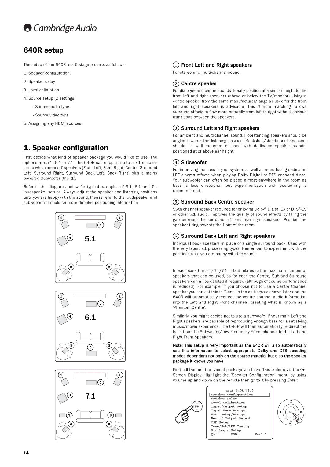 Cambridge Audio user manual 640R setup, Speaker configuration 