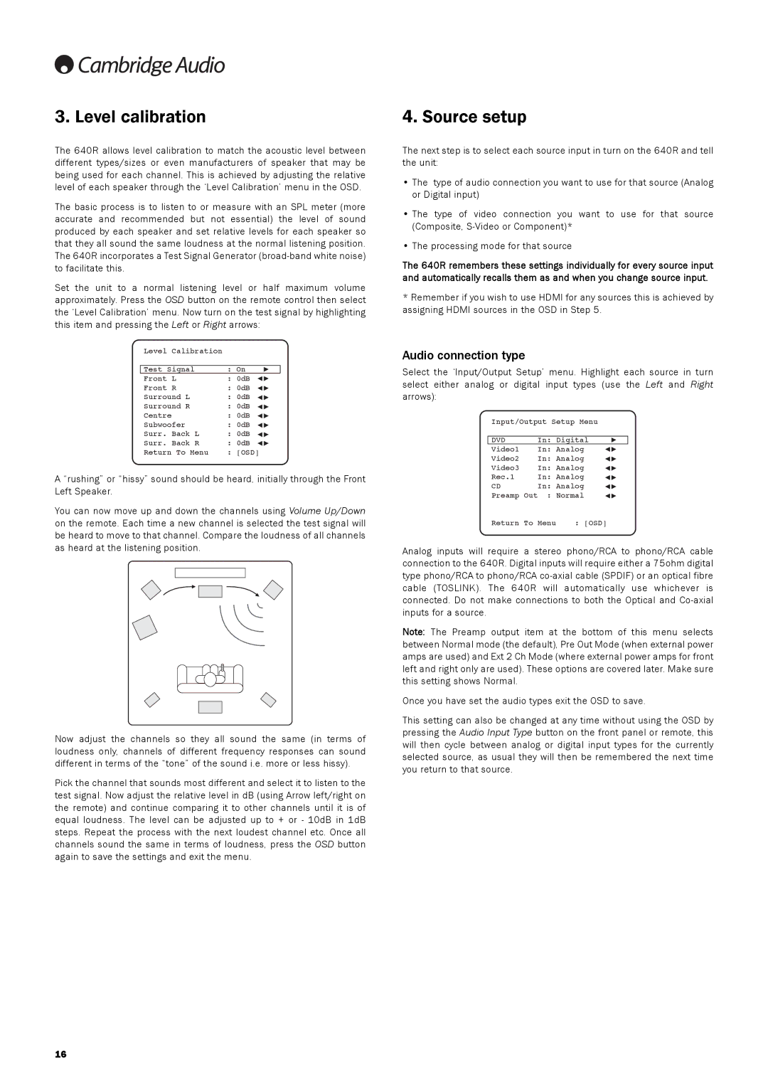 Cambridge Audio 640R user manual Level calibration, Source setup, Audio connection type 