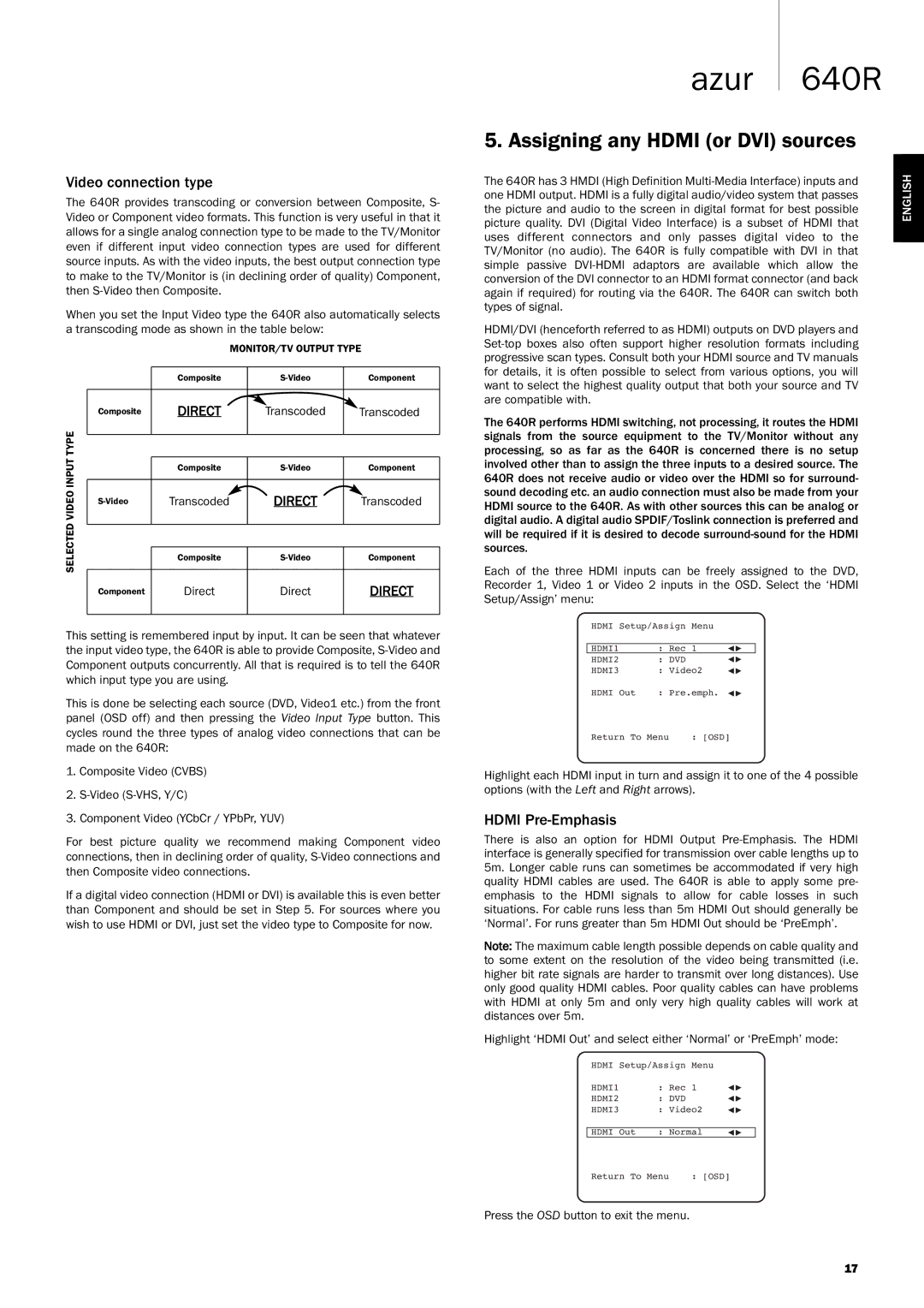 Cambridge Audio 640R user manual Assigning any Hdmi or DVI sources, Video connection type, Hdmi Pre-Emphasis 