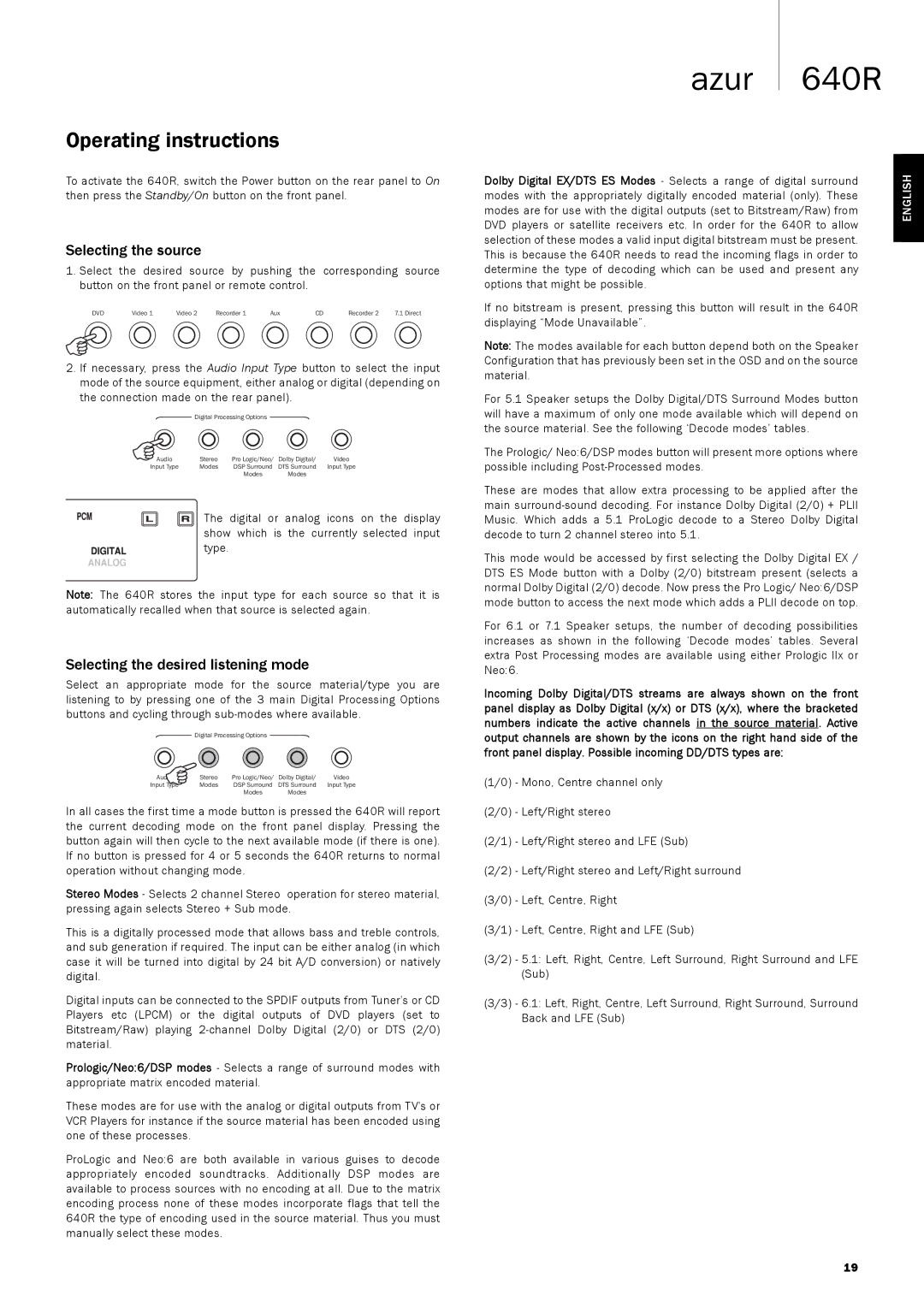 Cambridge Audio 640R user manual Operating instructions, Selecting the source, Selecting the desired listening mode 