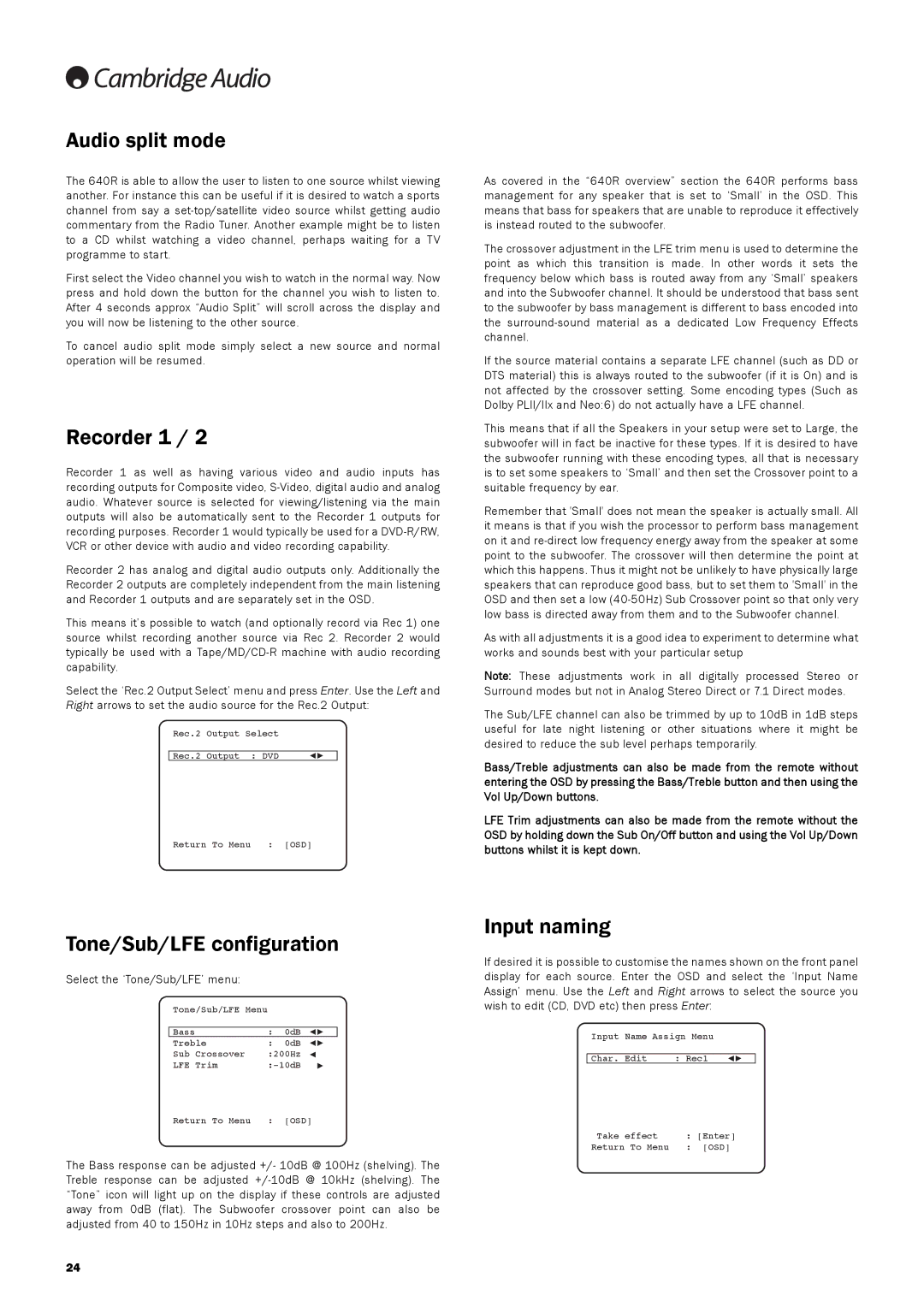 Cambridge Audio 640R user manual Audio split mode, Recorder 1, Tone/Sub/LFE configuration, Input naming 