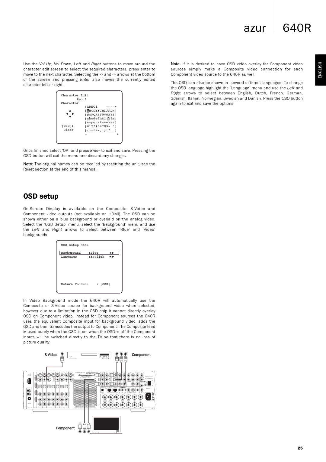 Cambridge Audio 640R user manual OSD setup, Video Component 