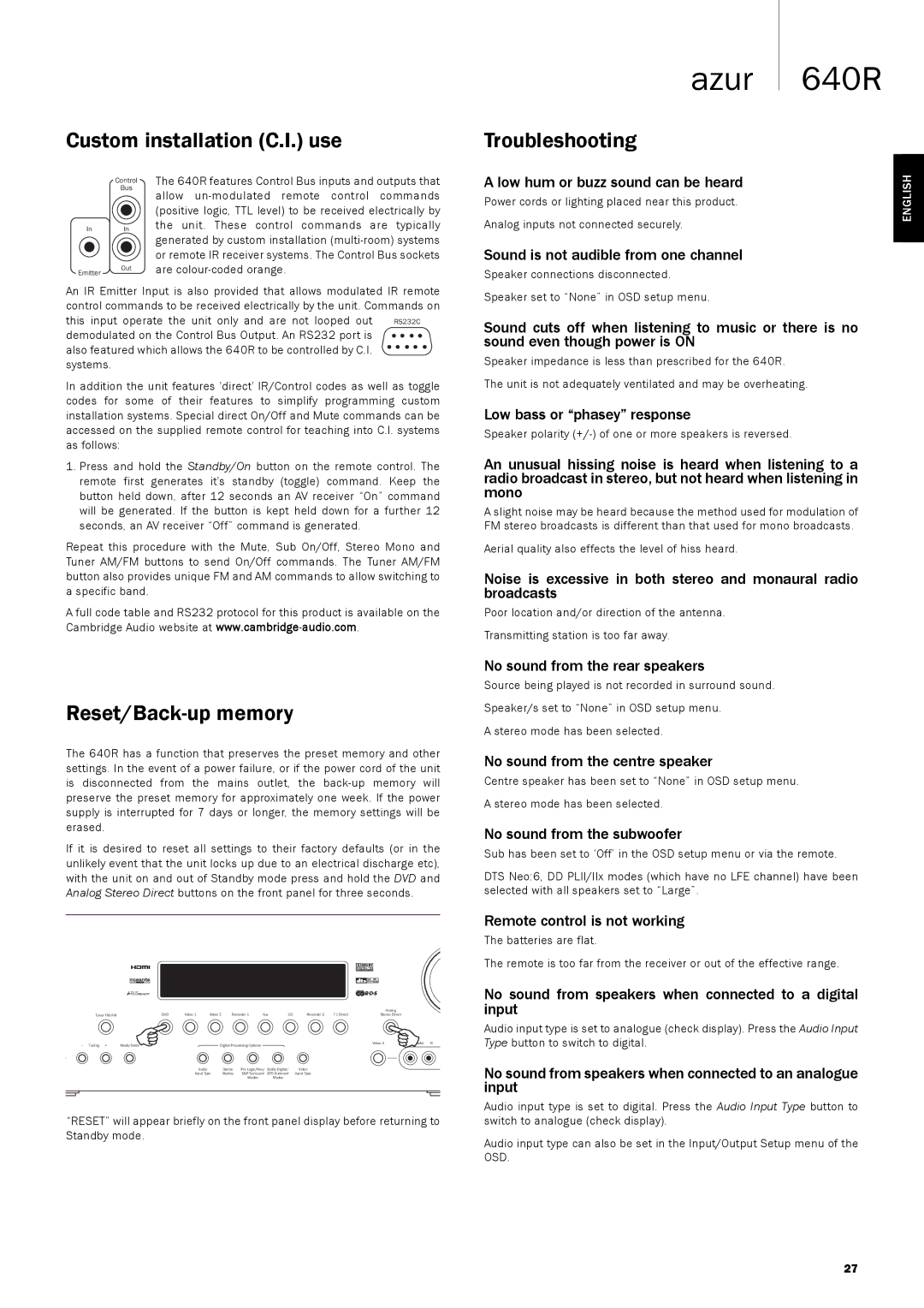 Cambridge Audio 640R user manual Custom installation C.I. use, Reset/Back-up memory, Troubleshooting 