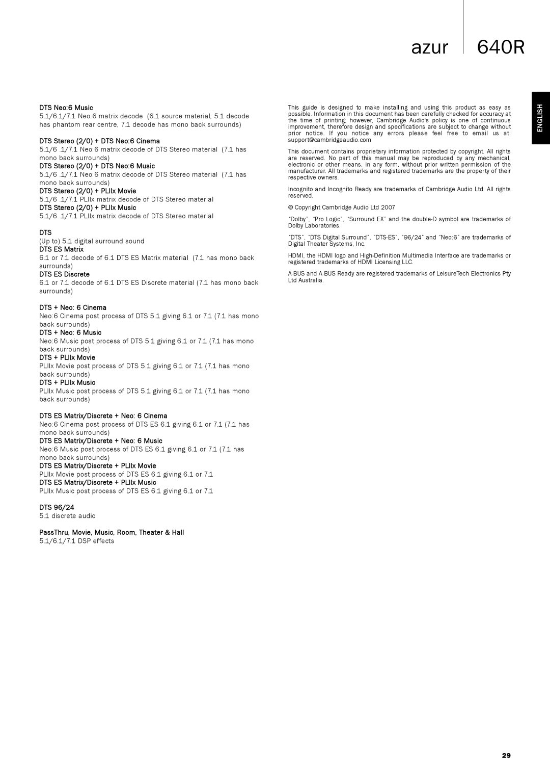 Cambridge Audio 640R user manual Dts 