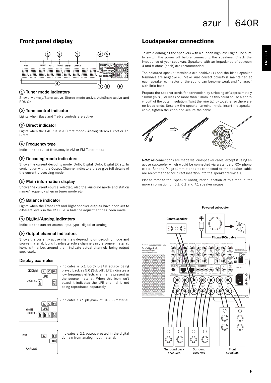 Cambridge Audio 640R user manual Front panel display, Loudspeaker connections 