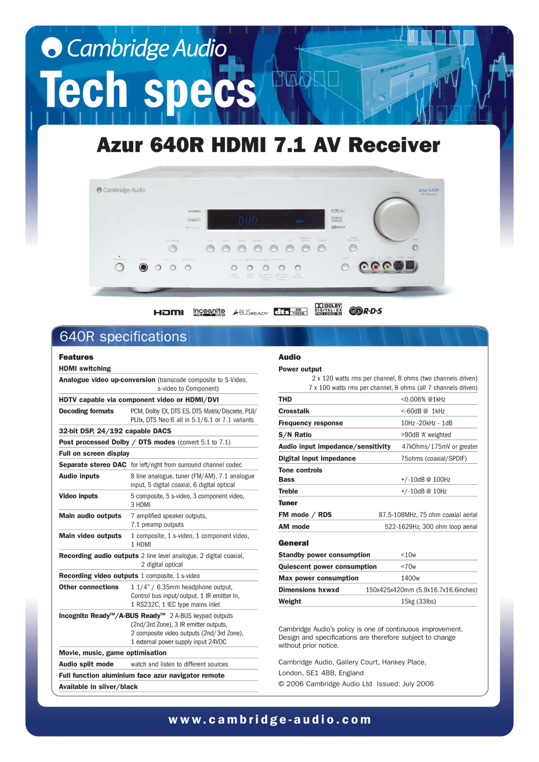 Cambridge Audio 640R specifications Features, Audio, General 