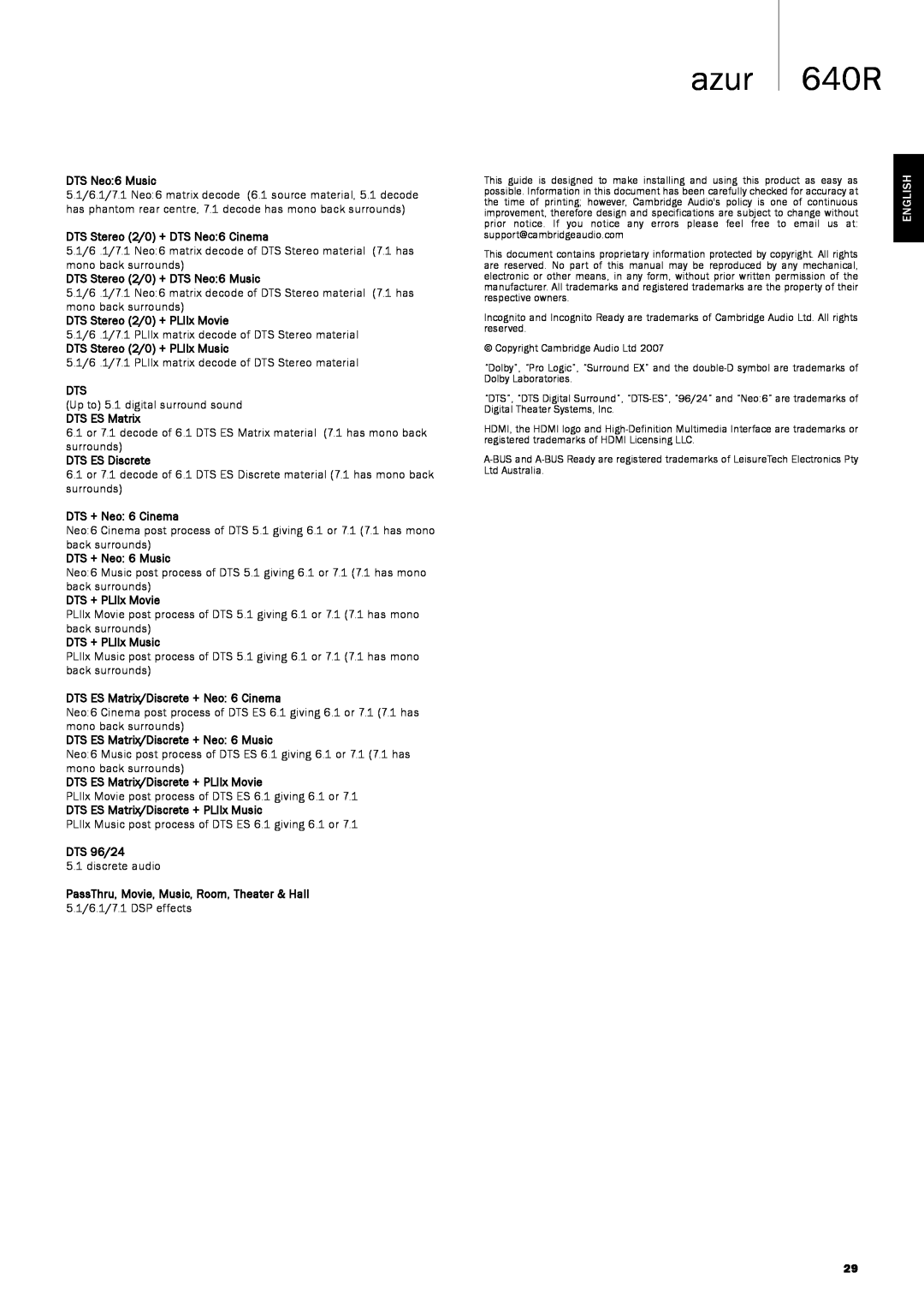 Cambridge Audio user manual azur 640R, DTS Neo:6 Music, English 