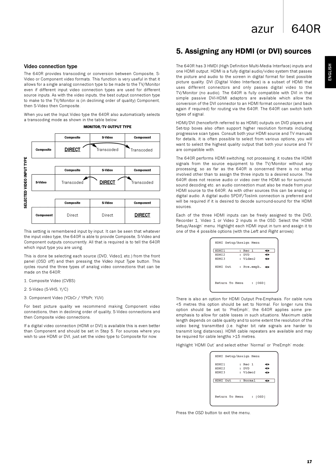 Cambridge Audio 640Razur user manual Assigning any Hdmi or DVI sources, Video connection type 